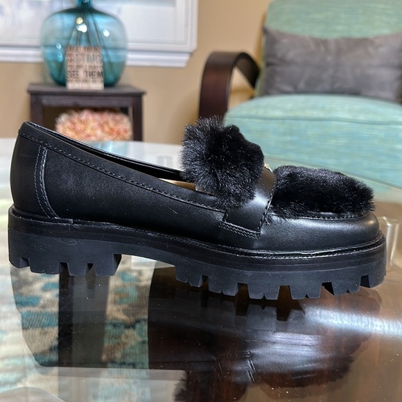 NWOB 🔥 Kate Spade Posh Winter Black‎ Leather Faux Fur Preppy Loafers Size 8 - Picture 5 of 15